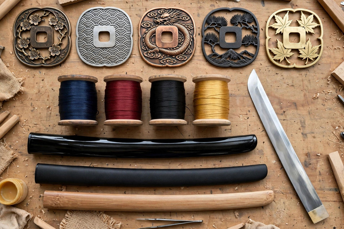 Custom katana workbench: tsuba designs, colored silk ito spools, and saya samples beside a blade