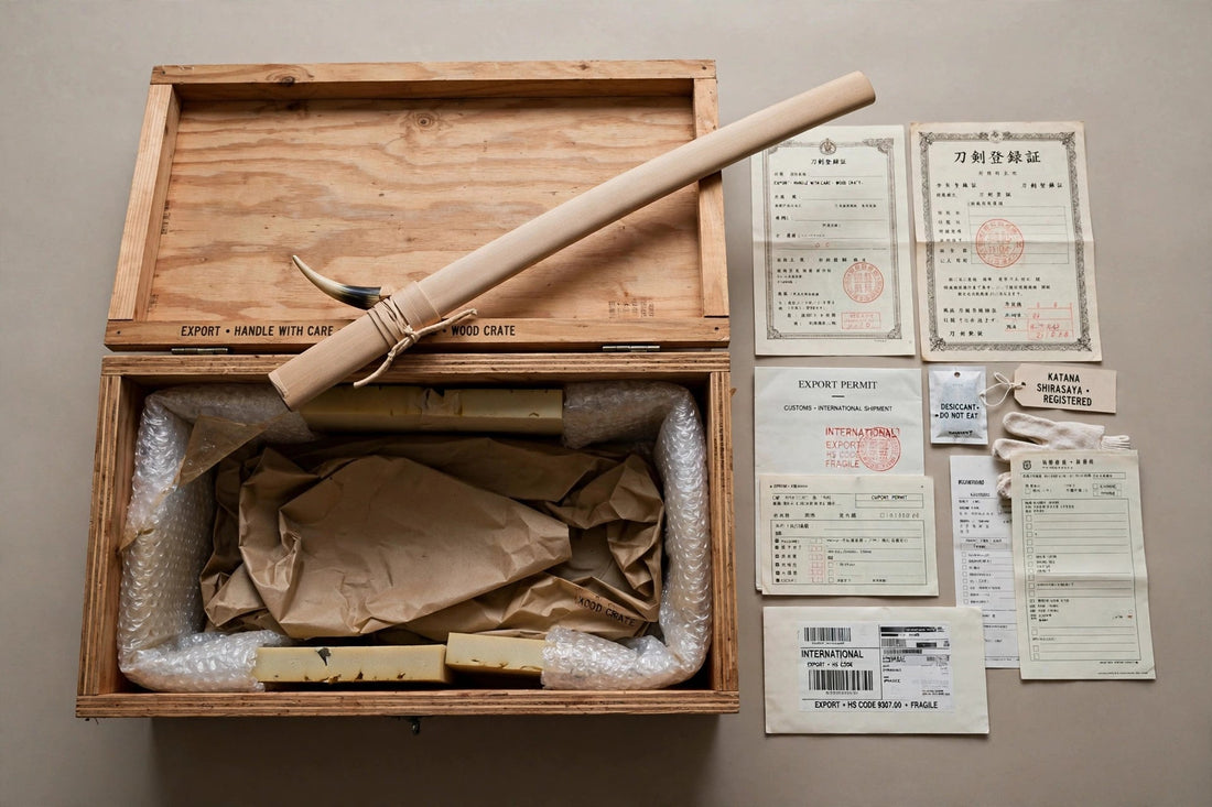 Katana with Japanese registration paperwork and export documents, packed for international shipping
