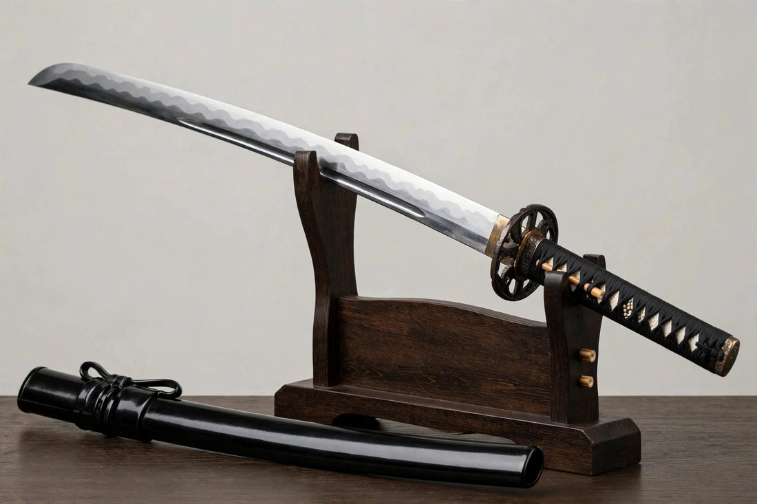 Katana sword anatomy: blade with hamon temper line, tsuba guard, wrapped tsuka handle, and saya scabbard
