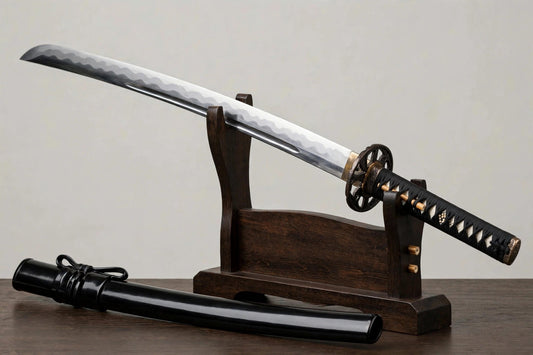 Katana sword anatomy: blade with hamon temper line, tsuba guard, wrapped tsuka handle, and saya scabbard