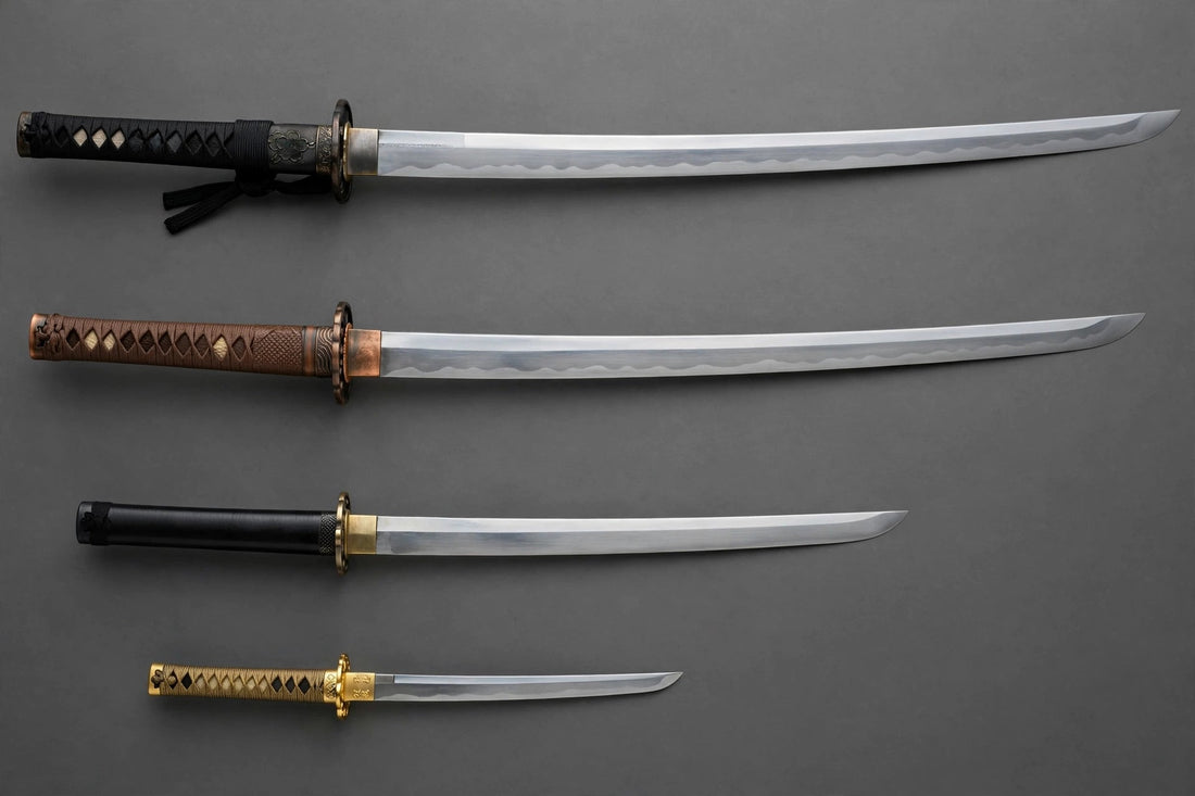 Scale comparison: full-size katana beside a wakizashi, a tanto, and a miniature novelty katana