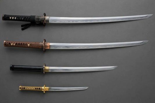 Scale comparison: full-size katana beside a wakizashi, a tanto, and a miniature novelty katana