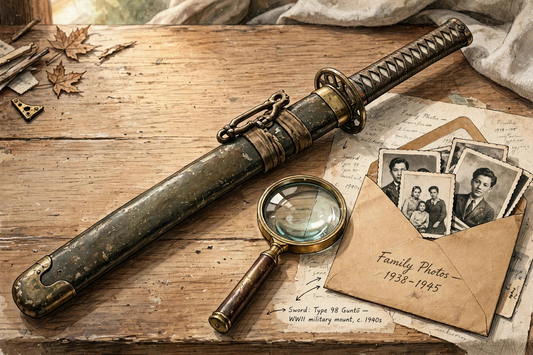 An inherited Japanese sword in military mounts beside a magnifying glass and family photos