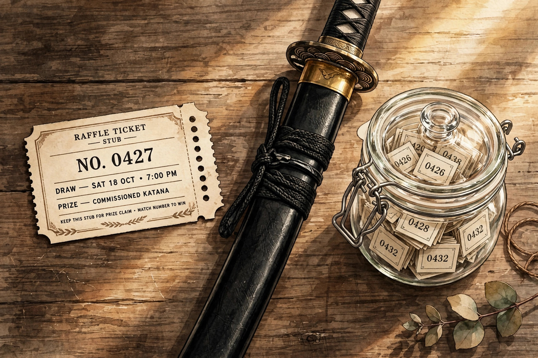 A raffle ticket stub beside a sheathed katana and draw jar