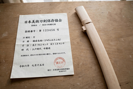 A Japanese sword authentication certificate (NBTHK Kanteisho) beside a katana in a plain wooden shirasaya scabbard