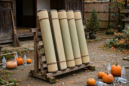 Rolled tatami cutting mats on a stand, with pumpkins nearby for tameshigiri test cutting