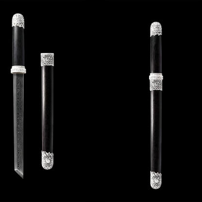 Peony Tang Short Sword · Damascus Steel Silver Peony Fittings (21in)