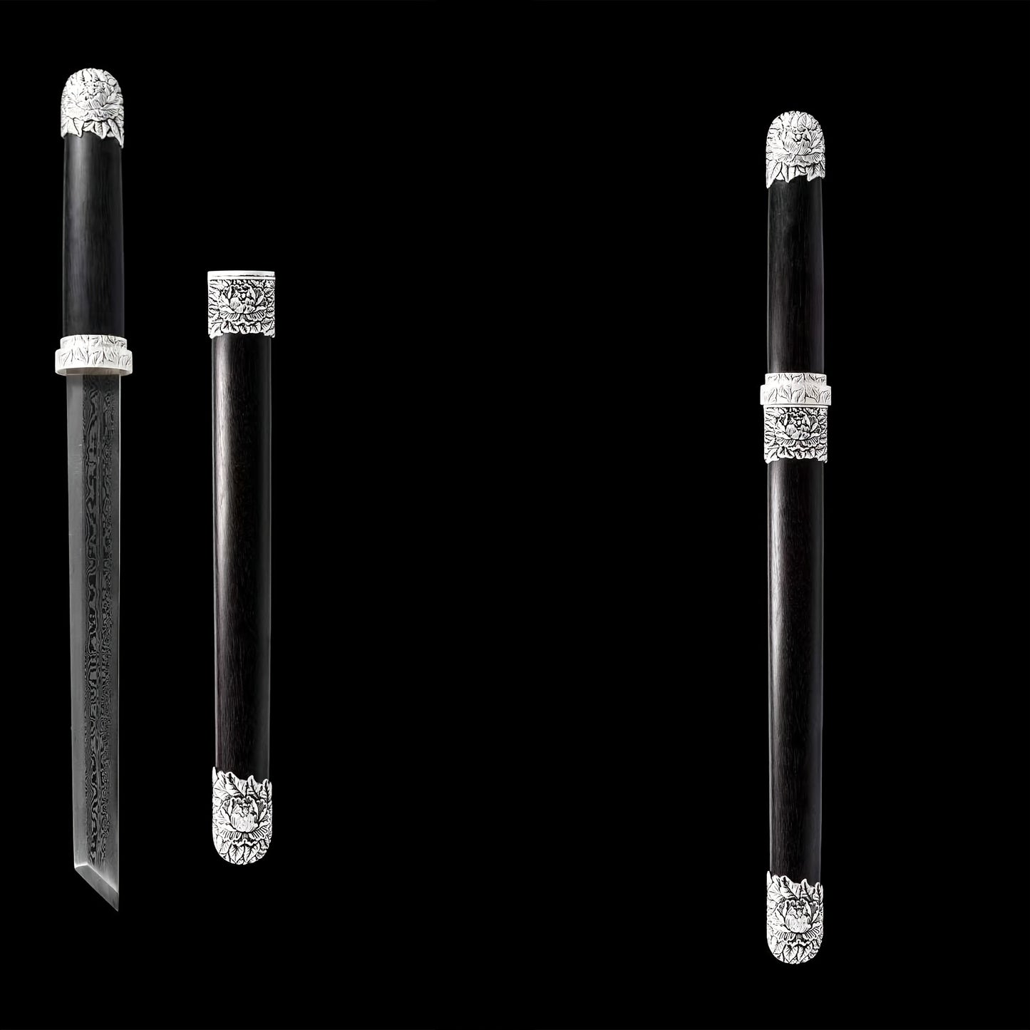 Peony Tang Short Sword · Damascus Steel Silver Peony Fittings (21in)