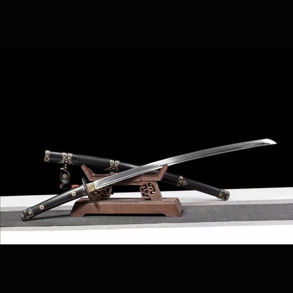 Antique Copper Tachi with Real Hamon | Full Tang Clay Tempered T10 Steel Premium Black Ebony Scabbard 102cm