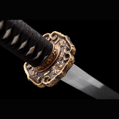 Chrysanthemum Nodachi with Real Hamon | Full Tang Clay Tempered Folded Pattern Steel Black Ebony Scabbard 100cm