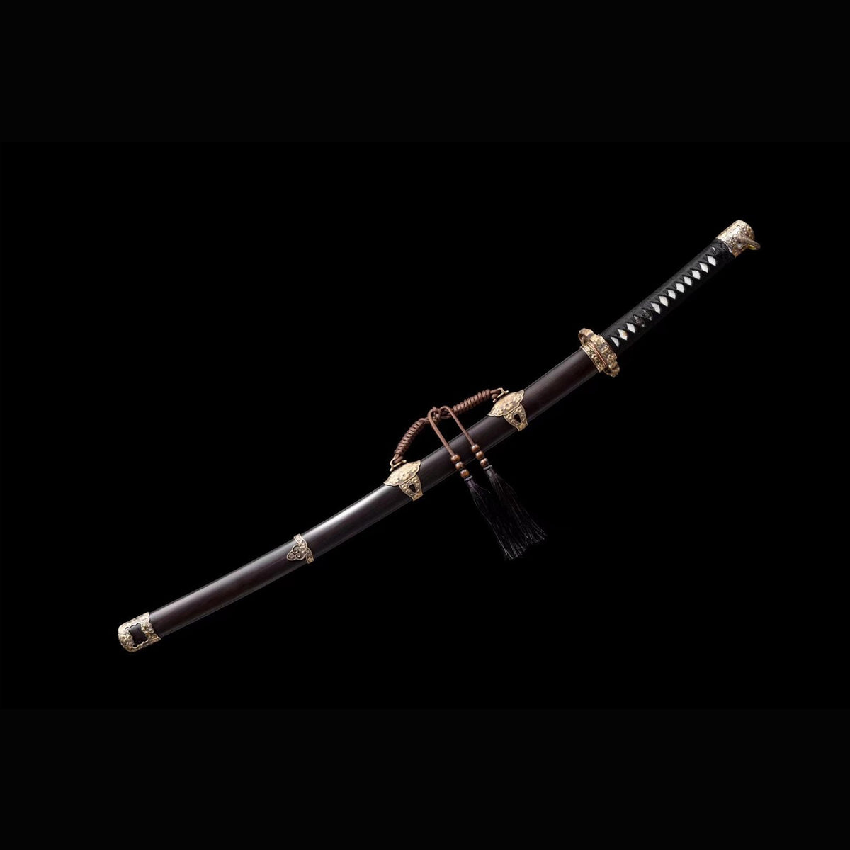 Chrysanthemum Nodachi with Real Hamon | Full Tang Clay Tempered Folded Pattern Steel Black Ebony Scabbard 100cm