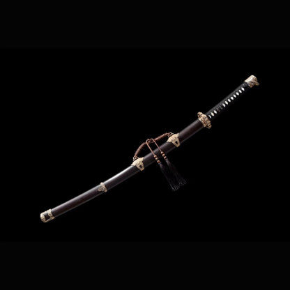 Chrysanthemum Nodachi with Real Hamon | Full Tang Clay Tempered Folded Pattern Steel Black Ebony Scabbard 100cm