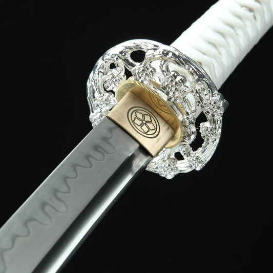 White Katana _ Handmade Japanese Katana Sword T10 Folded Clay Tempered Steel With White Scabbard