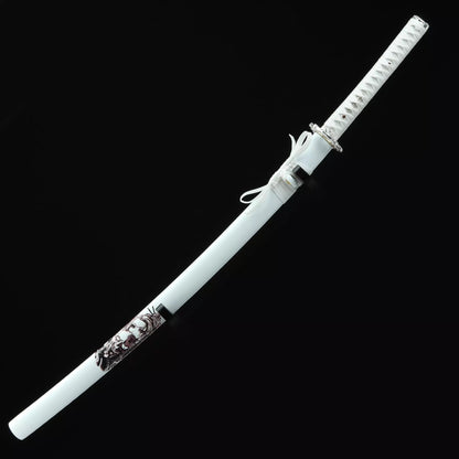 White Katana _ Handmade Japanese Katana Sword T10 Folded Clay Tempered Steel With White Scabbard