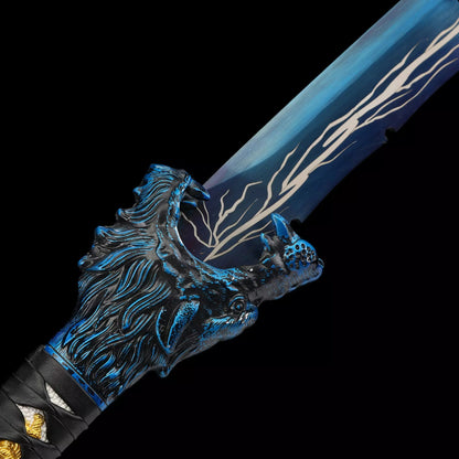 Handmade Japanese Katana Sword With Blue Lightning Blade And Leopard Tsuba