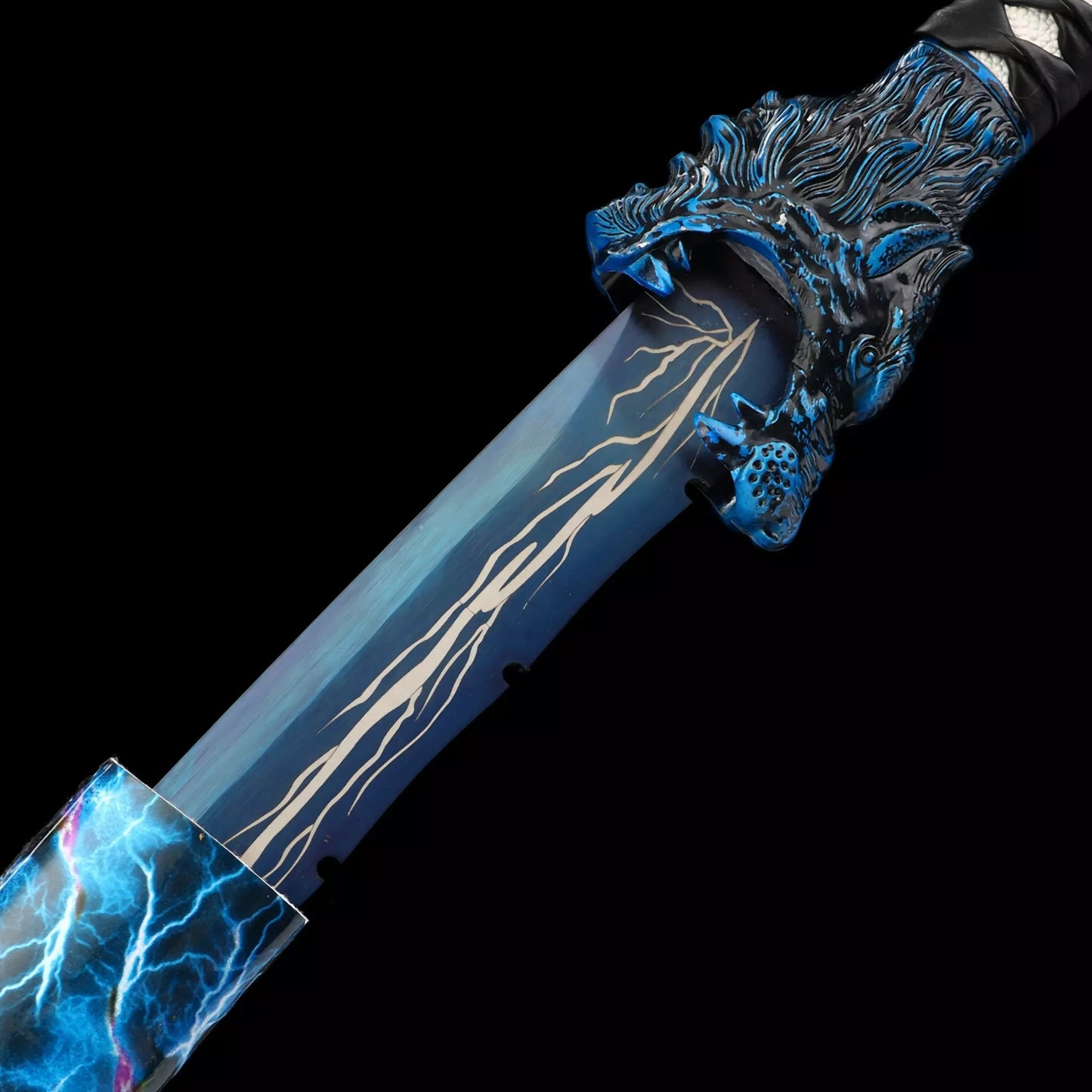 Handmade Japanese Katana Sword With Blue Lightning Blade And Leopard Tsuba