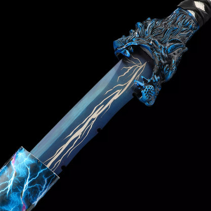 Handmade Japanese Katana Sword With Blue Lightning Blade And Leopard Tsuba