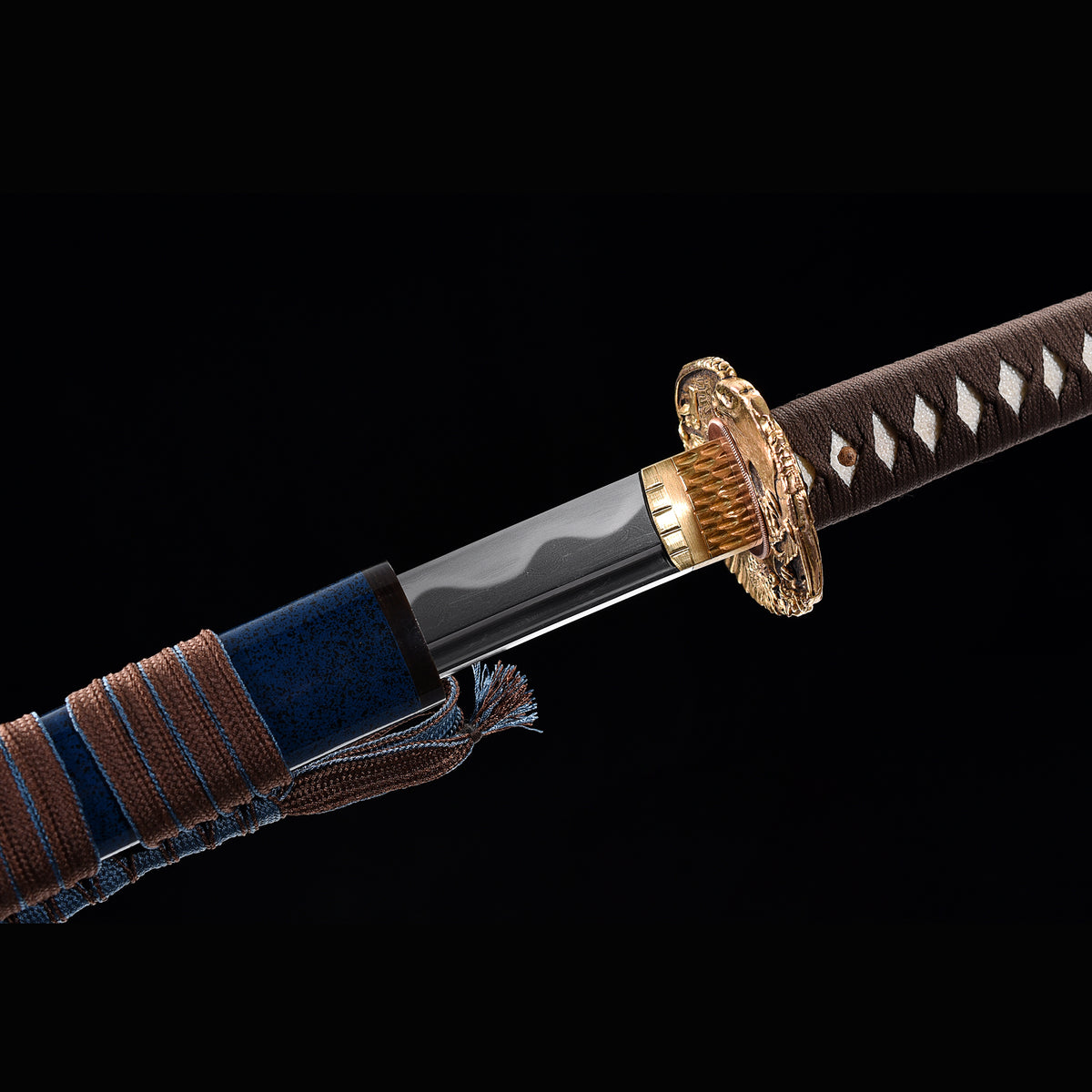 Azure Wave Folded Steel Katana with Real Hamon | Full Tang 8000-Layer Tri-Color Polished Buffalo Horn 103cm