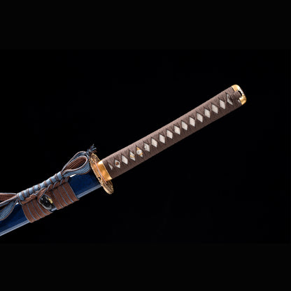 Azure Wave Folded Steel Katana with Real Hamon | Full Tang 8000-Layer Tri-Color Polished Buffalo Horn 103cm