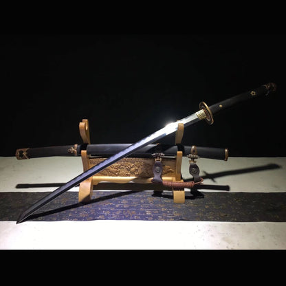 Faithful Warrior Tachi with Real Hamon | Full Tang Clay Tempered Folded Pattern Steel Brazilian Black Ebony Scabbard 103cm