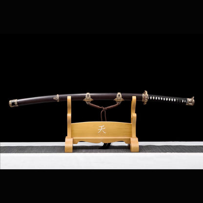 Chrysanthemum Nodachi with Real Hamon | Full Tang Clay Tempered Folded Pattern Steel Black Ebony Scabbard 100cm