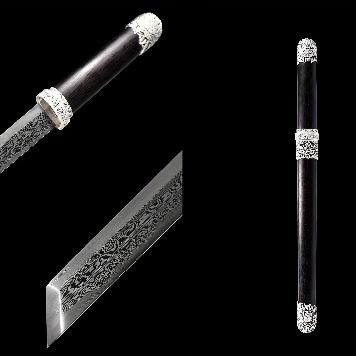 Peony Tang Short Sword · Damascus Steel Silver Peony Fittings (21in)
