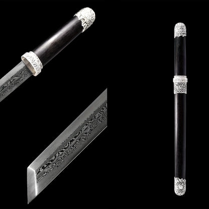 Peony Tang Short Sword · Damascus Steel Silver Peony Fittings (21in)