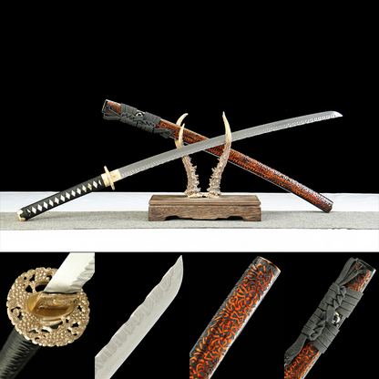 Shadow Warrior Katana | 72cm Damascus Pattern Steel Blade with Handcrafted Stonewashed Finish, Oil Quenched & Tempered