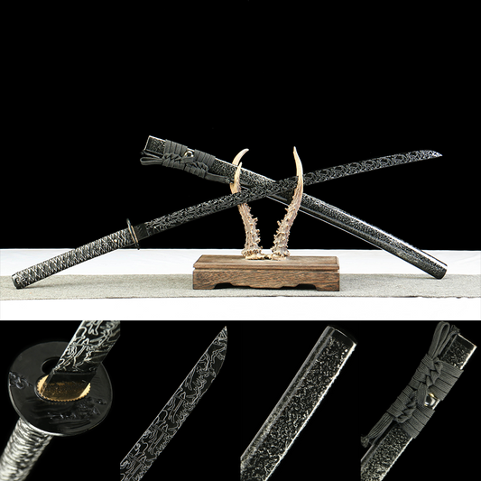 Demon Pattern Katana with Blackened Design and Black Lacquer Saya