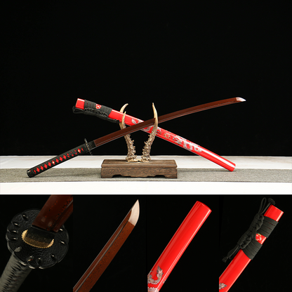 Patterned Steel Red Heat-Treated Blade with Red Lacquered Scabbard Featuring a Golden Dragon Design