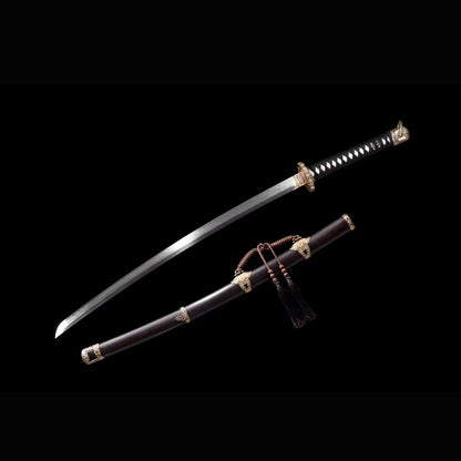Chrysanthemum Nodachi with Real Hamon | Full Tang Clay Tempered Folded Pattern Steel Black Ebony Scabbard 100cm