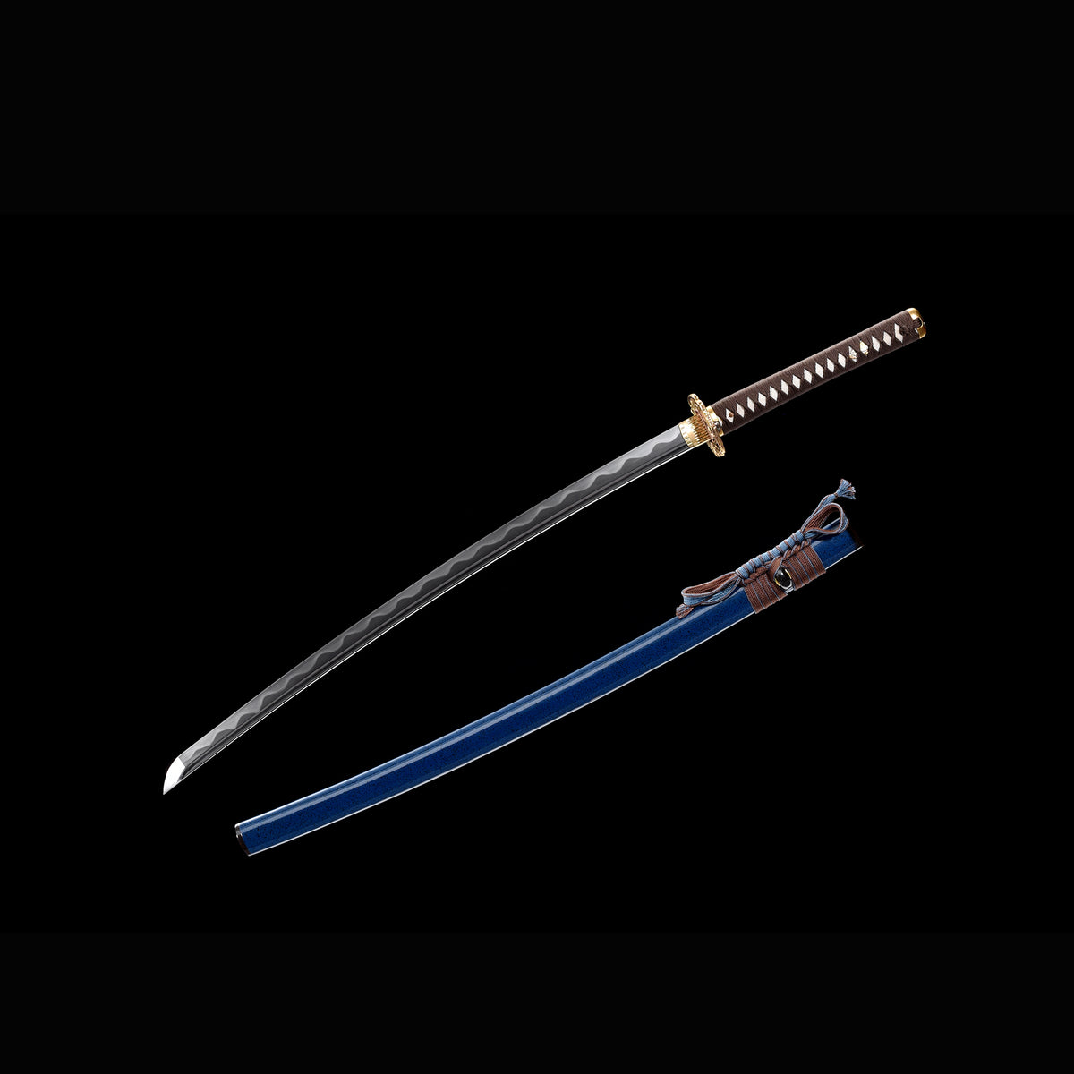Azure Wave Folded Steel Katana with Real Hamon | Full Tang 8000-Layer Tri-Color Polished Buffalo Horn 103cm