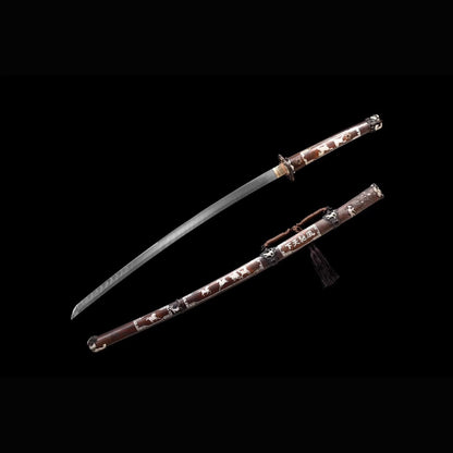 Victory Tachi with Real Hamon | Full Tang Dense Twist Ladder Damascus Steel Hand-Carved Gold Silver Gilded Copper Fittings 120cm