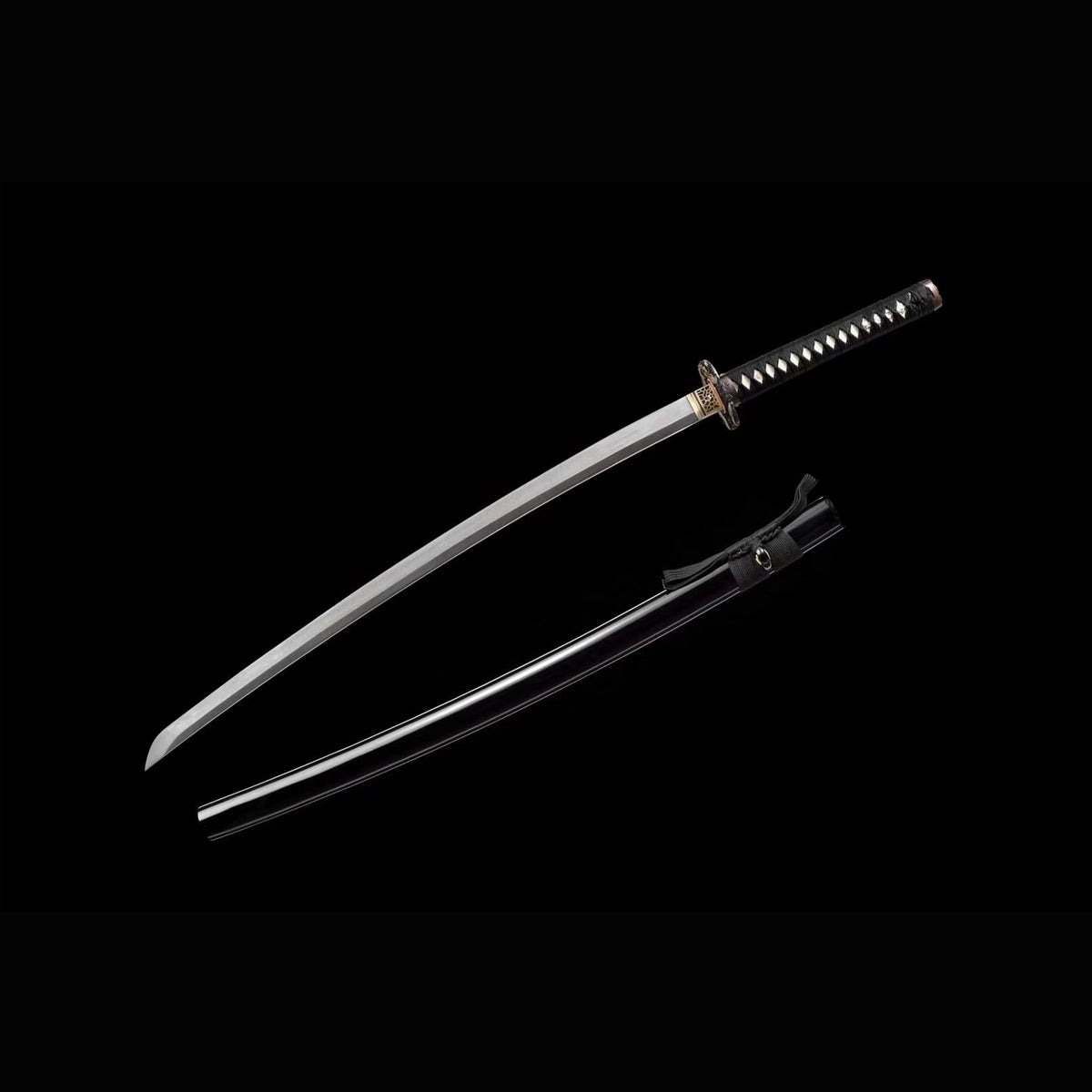 Dragon Plum Katana with Real Hamon | Full Tang Twist Damascus Steel Gold Silver Gilded Copper Fittings Lacquered Wood Scabbard 102cm