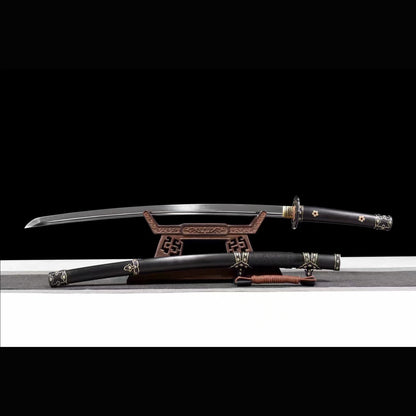 Antique Copper Tachi with Real Hamon | Full Tang Clay Tempered T10 Steel Premium Black Ebony Scabbard 102cm