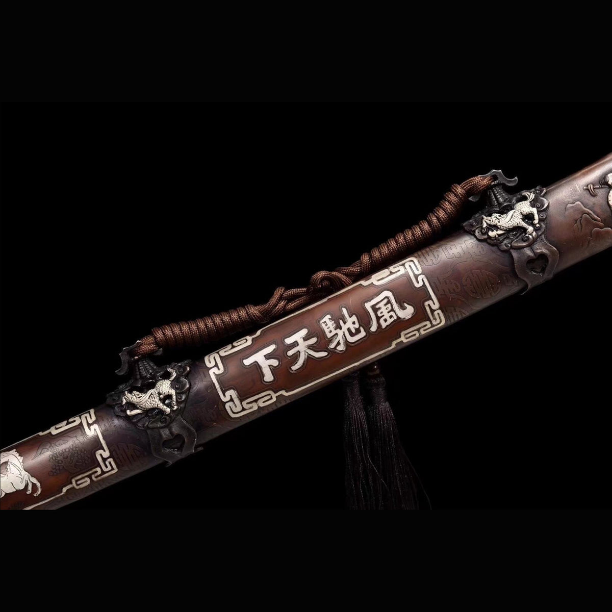 Victory Tachi with Real Hamon | Full Tang Dense Twist Ladder Damascus Steel Hand-Carved Gold Silver Gilded Copper Fittings 120cm