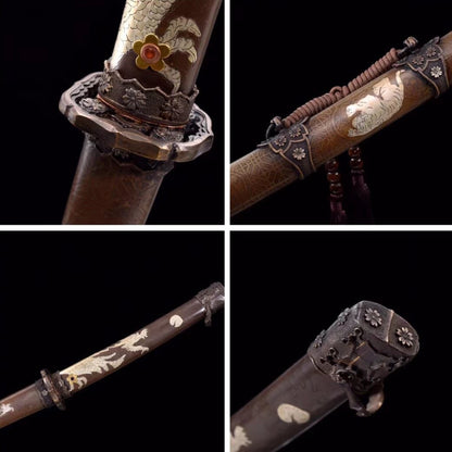 Jinchuan Tachi with Real Hamon | Full Tang Folded Damascus Steel Copper-Wrapped Wood Scabbard 103cm