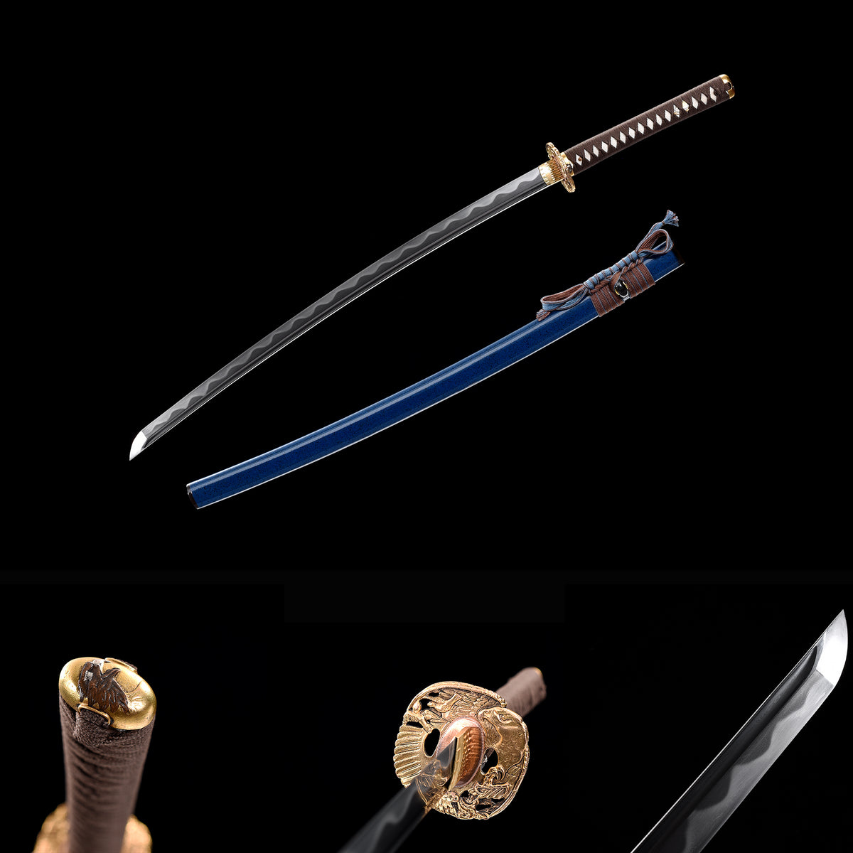 Azure Wave Folded Steel Katana with Real Hamon | Full Tang 8000-Layer Tri-Color Polished Buffalo Horn 103cm