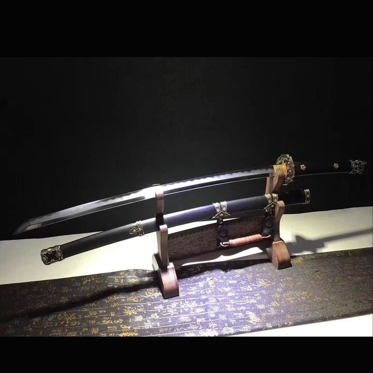 Brass Fitted Black Ebony Tachi with Real Hamon | Full Tang Clay Tempered Folded Pattern Steel 13-Stage Polished 103cm