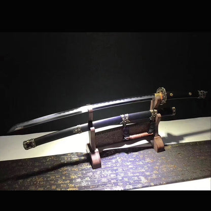 Brass Fitted Black Ebony Tachi with Real Hamon | Full Tang Clay Tempered Folded Pattern Steel 13-Stage Polished 103cm