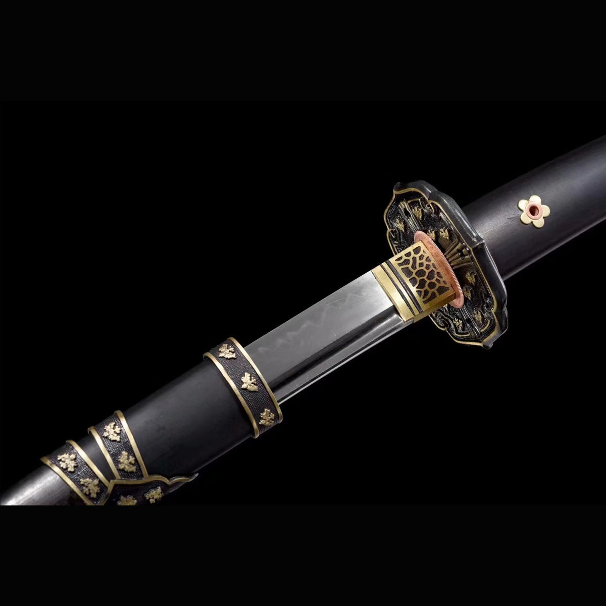 Antique Copper Tachi with Real Hamon | Full Tang Clay Tempered T10 Steel Premium Black Ebony Scabbard 102cm
