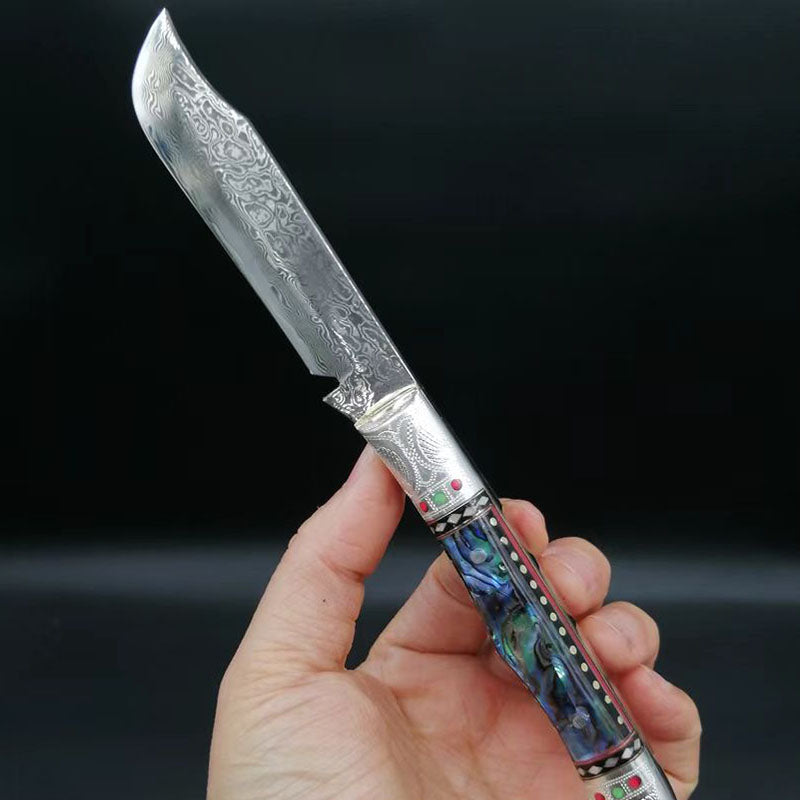 Pigeon head silver handle abalone carved folding knife