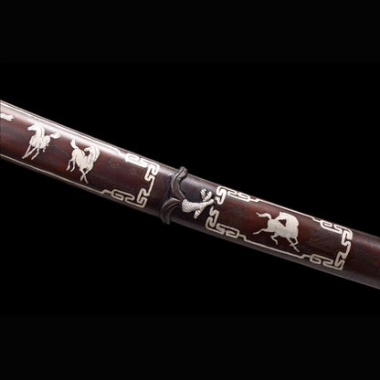 Victory Tachi with Real Hamon | Full Tang Dense Twist Ladder Damascus Steel Hand-Carved Gold Silver Gilded Copper Fittings 120cm