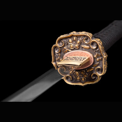 Chrysanthemum Nodachi with Real Hamon | Full Tang Clay Tempered Folded Pattern Steel Black Ebony Scabbard 100cm