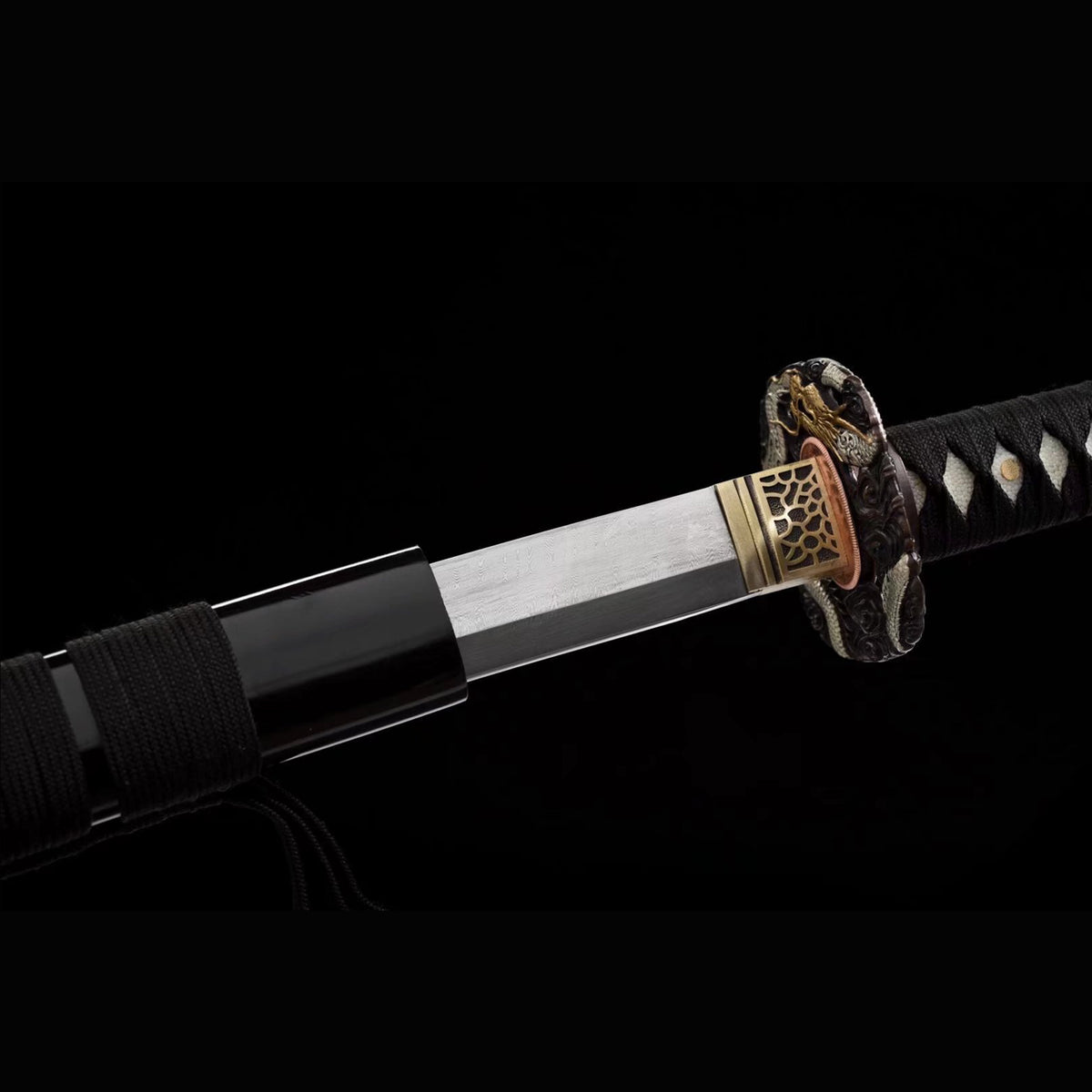 Dragon Plum Katana with Real Hamon | Full Tang Twist Damascus Steel Gold Silver Gilded Copper Fittings Lacquered Wood Scabbard 102cm