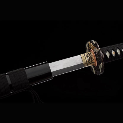 Dragon Plum Katana with Real Hamon | Full Tang Twist Damascus Steel Gold Silver Gilded Copper Fittings Lacquered Wood Scabbard 102cm