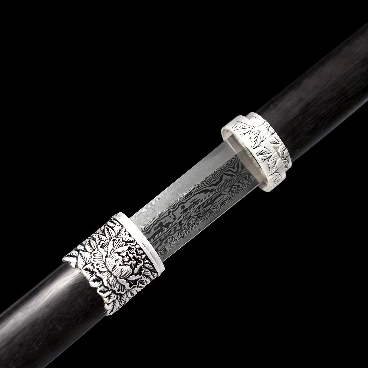 Peony Tang Short Sword · Damascus Steel Silver Peony Fittings (21in)
