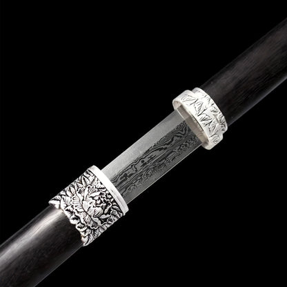 Peony Tang Short Sword · Damascus Steel Silver Peony Fittings (21in)