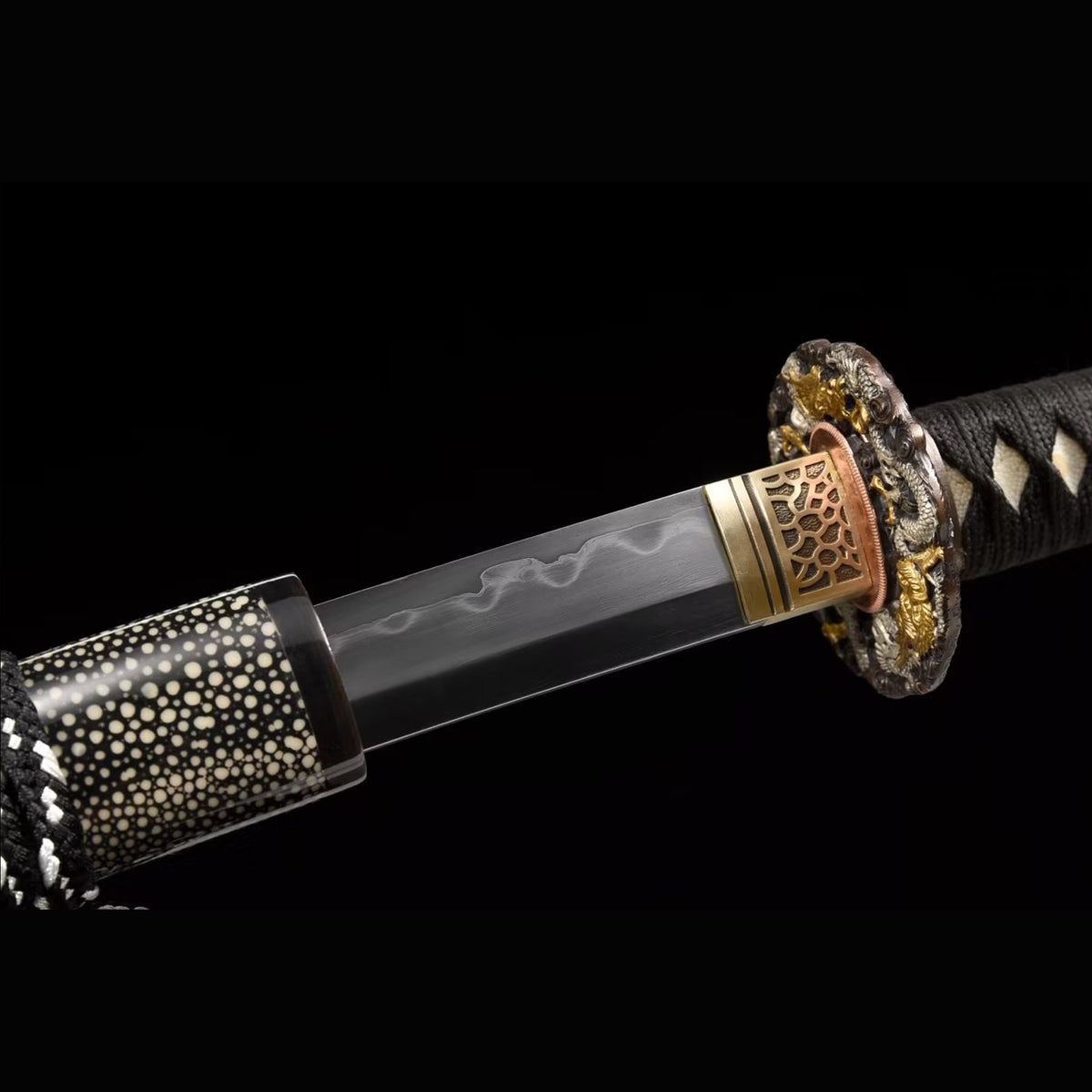 Qunlong San Mai Katana with Real Hamon | Full Tang Three-Layer Folded Steel Ray Skin Scabbard 103cm