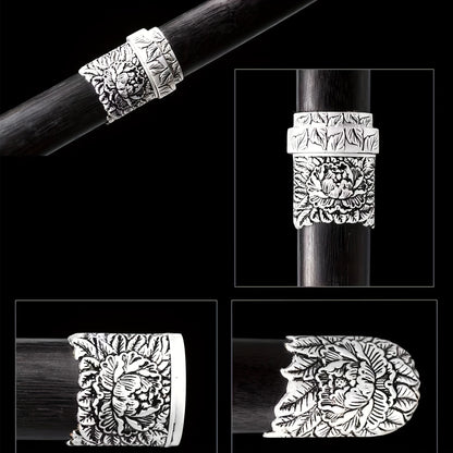 Peony Tang Short Sword · Damascus Steel Silver Peony Fittings (21in)